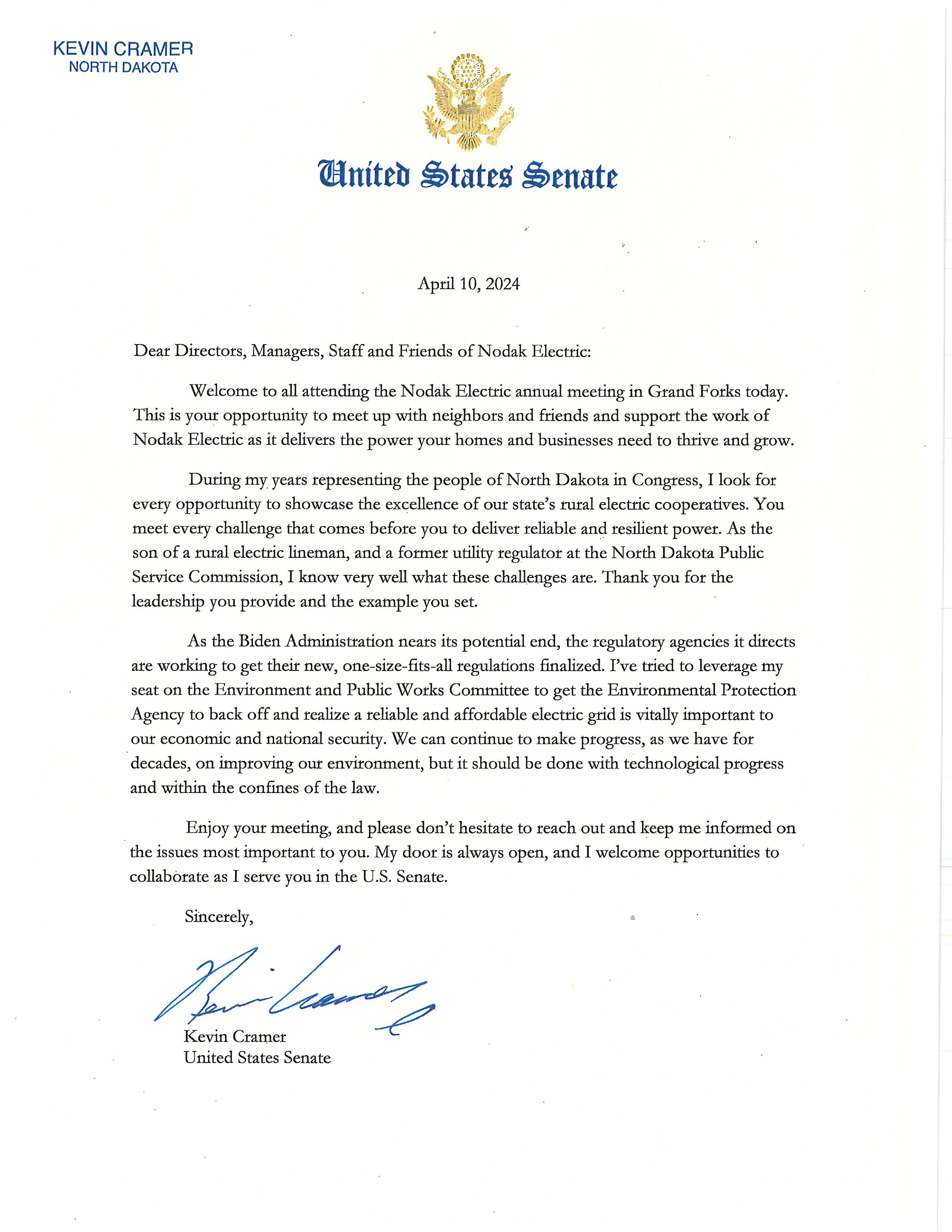 A Letter from Kevin Cramer